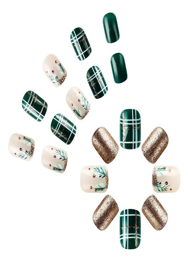 HJKDSFD Christmas Green Press on Nails Short Square Acrylic Nails Press on Winter Fake Nails with Gold Glitter Stripes Designs Full Cover Glue on Nails Xmas Glossy Artificial False Nails for Women 24Pcs - Image 4